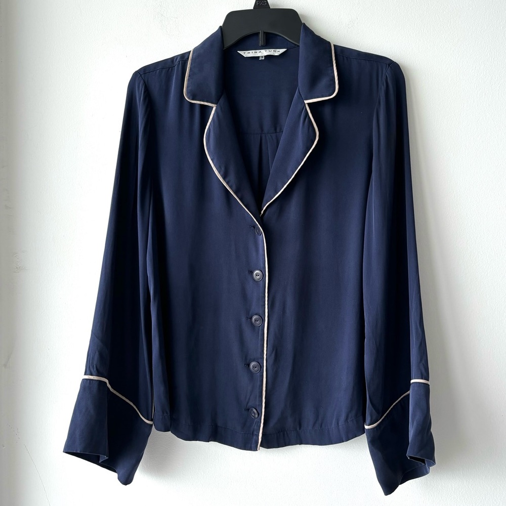 Trina Turk Blouse Silk Navy Blue White Button Up Top Womens S Career Casual 70s